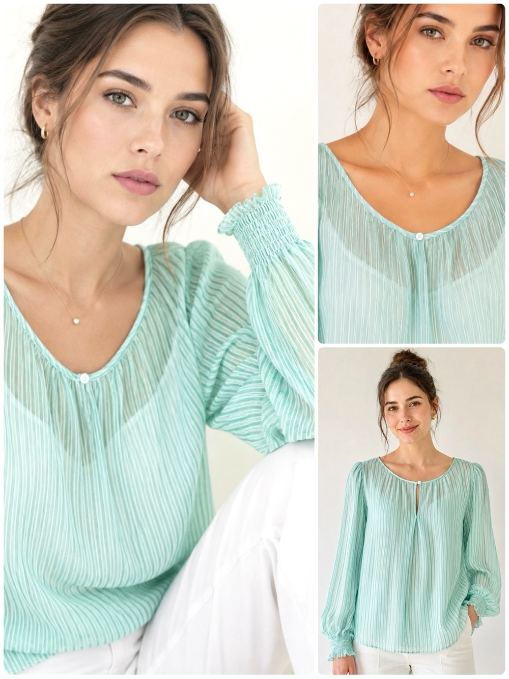 Max Studio Striped Chiffon Blouse Long Sleeve Smocked Cuff Semi-Sheer Under Cami